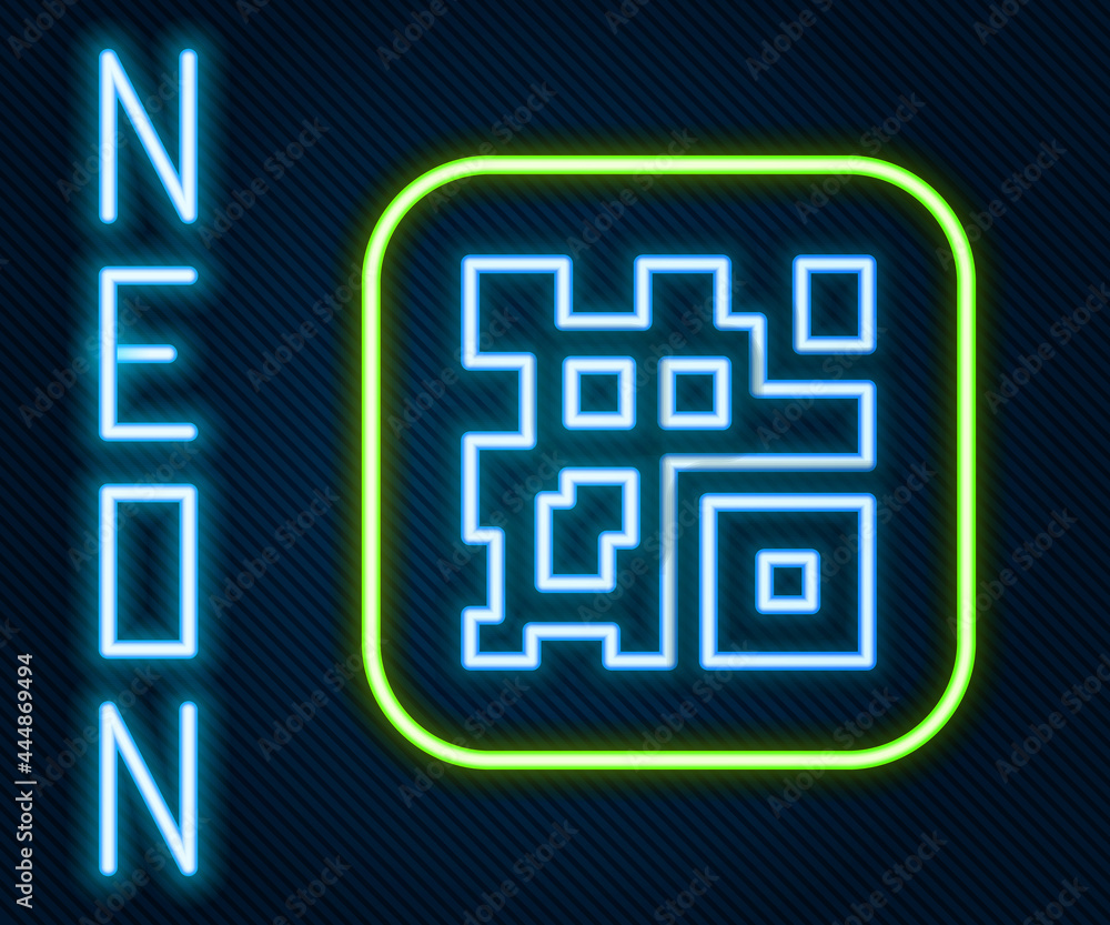 Glowing neon line QR code sample for smartphone scanning icon isolated on black background. Colorful