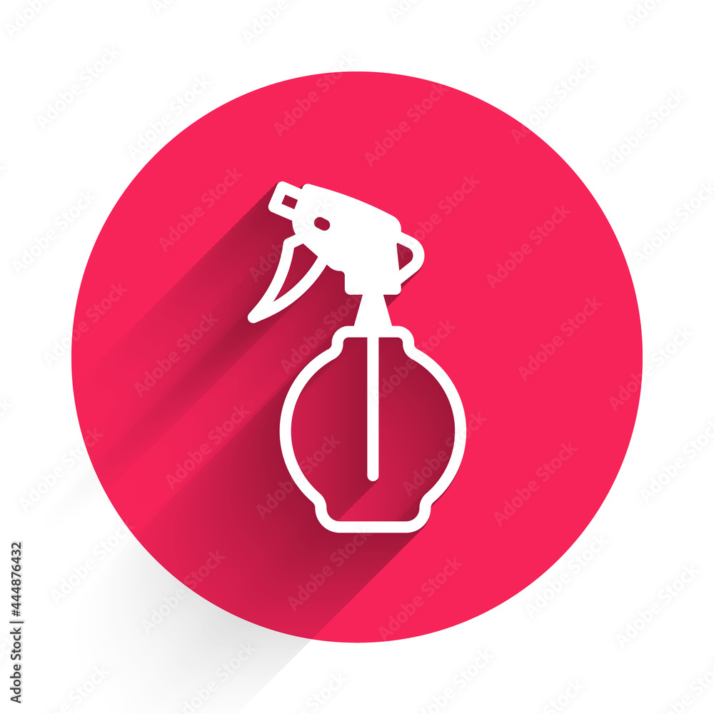 White Water spray bottle icon isolated with long shadow. Sprinkler for ironing. Red circle button. V