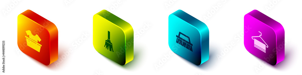 Set Isometric Basin with shirt, Feather broom, Brush for cleaning and Towel on hanger icon. Vector