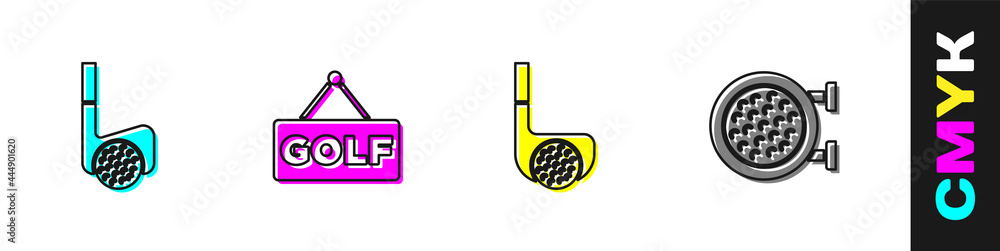 用球、标签和运动图标设置高尔夫球杆。矢量
