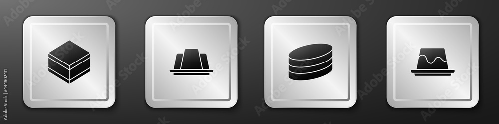 设置布朗尼巧克力蛋糕、果冻和布丁奶油冻图标。银色方形按钮。矢量
