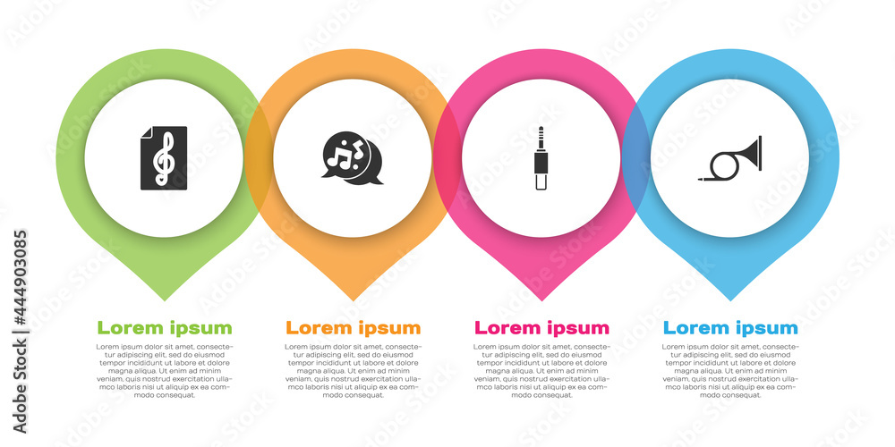 设置高音谱号、音符、音调、音频插孔和小号。商业信息图模板。矢量