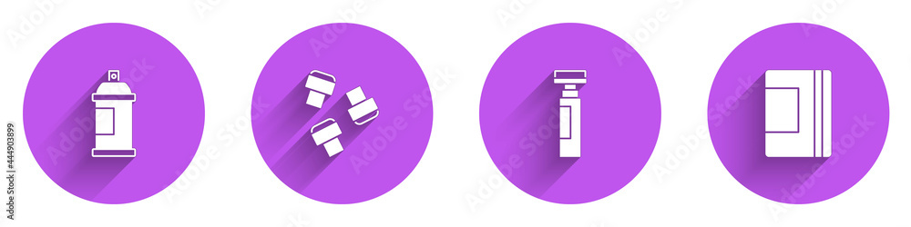 设置喷漆罐、记号笔附件和带长阴影的螺旋笔记本图标。矢量