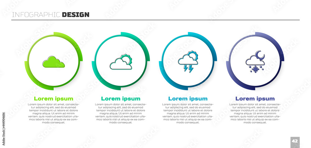 设置云、太阳和云天气，风暴和有雪的太阳。商业信息图模板。矢量