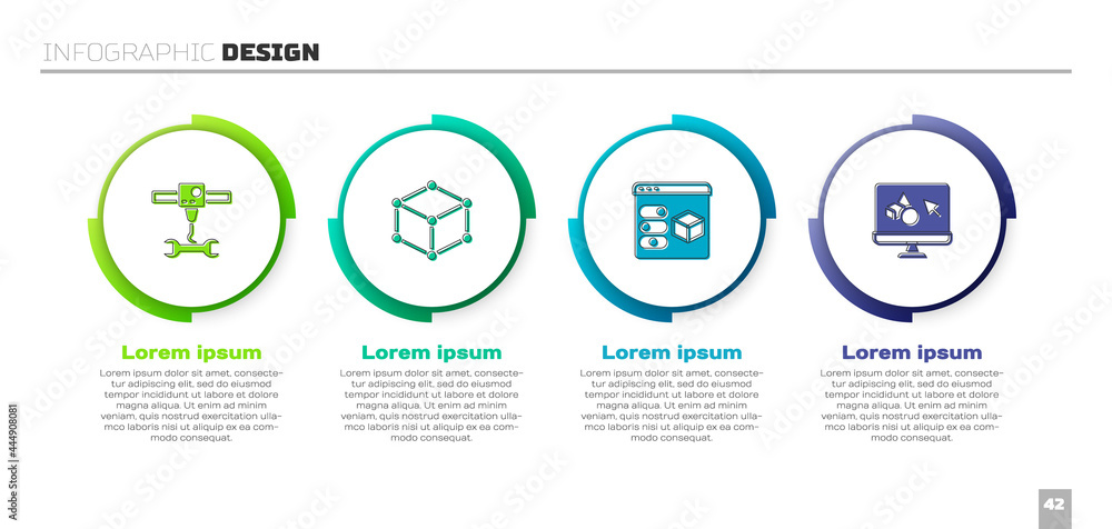 设置3D打印机扳手、等距立方体和软件。商业信息图模板。Vector