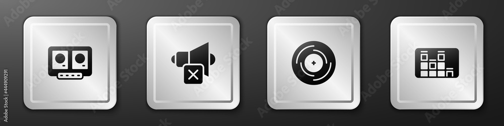 设置DJ遥控器和混音、扬声器静音、乙烯基唱片和音乐均衡器图标。银色方形但
