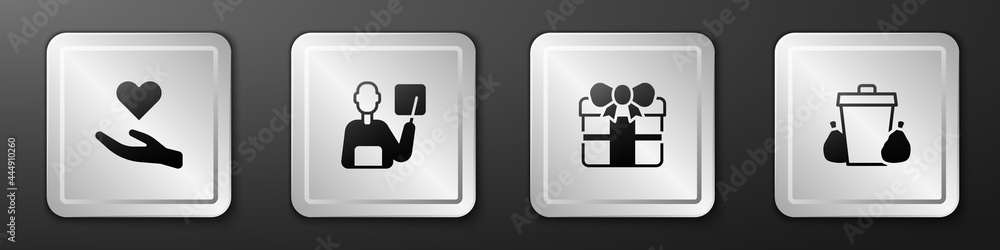 Set Heart in hand, Teacher, Gift box and Trash can icon. Silver square button. Vector