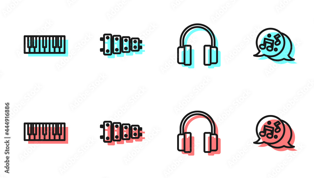 Set line Headphones, Music synthesizer, Xylophone and note, tone icon. Vector