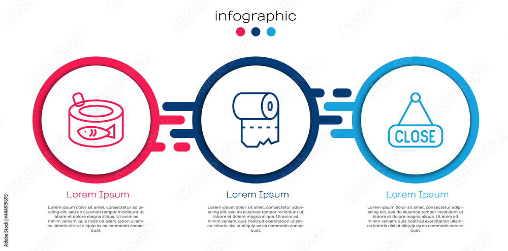 设置线鱼罐头、卫生纸卷和带关闭的悬挂标志。商业信息图模板。