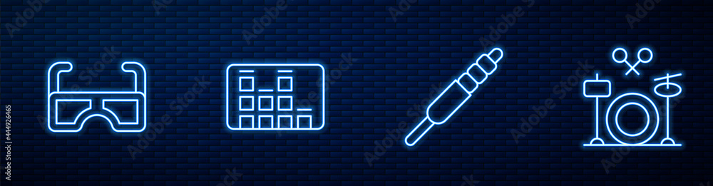 Set line Audio jack, Glasses, Music equalizer and Drums. Glowing neon icon on brick wall. Vector