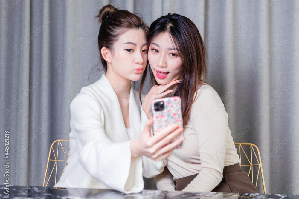 Two beautiful girlfriends taking selfies