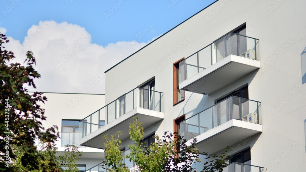 Eco architecture. Green tree and apartment building. The harmony of nature and modernity.