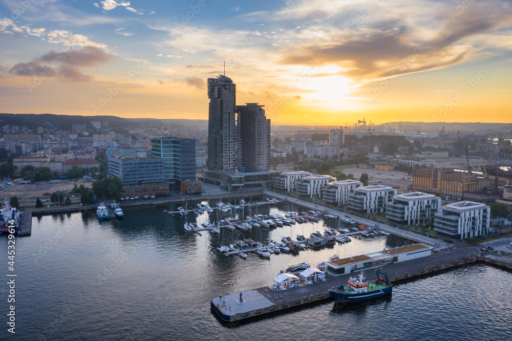 Aerial landscape of the harbor in Gdynia with modern architecture at sunset. Poland