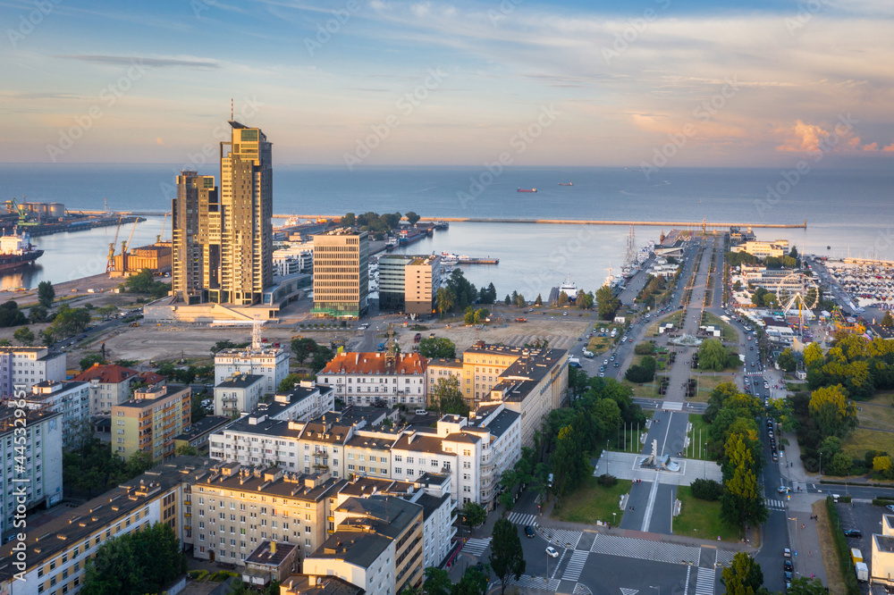 Aerial landscape of the harbor in Gdynia with modern architecture at sunset. Poland