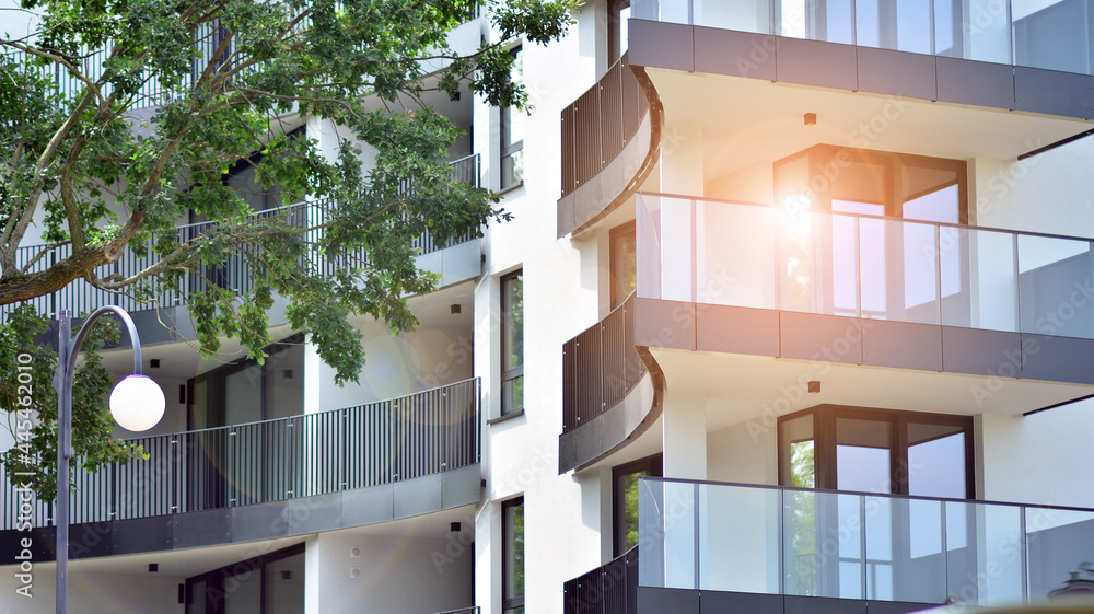 Eco architecture. Green tree and apartment building. The harmony of nature and modernity.