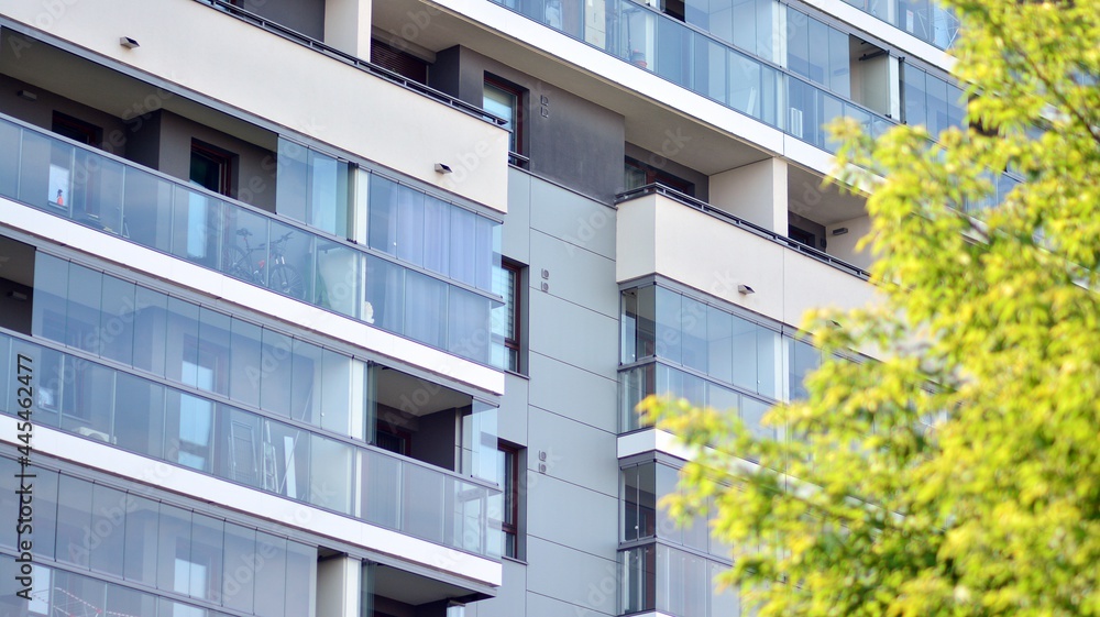 Eco architecture. Green tree and apartment building. The harmony of nature and modernity.