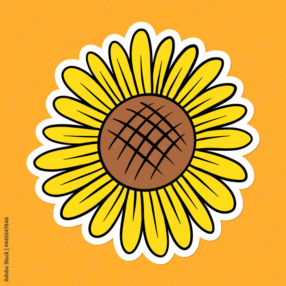 Cute sunflower sticker with a white border on an orange background vector