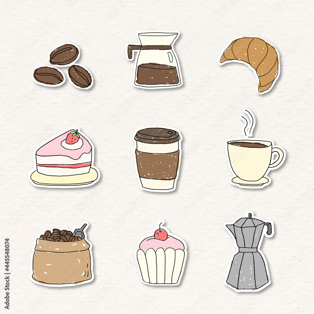 Cute coffee doodle journal sticker set vector