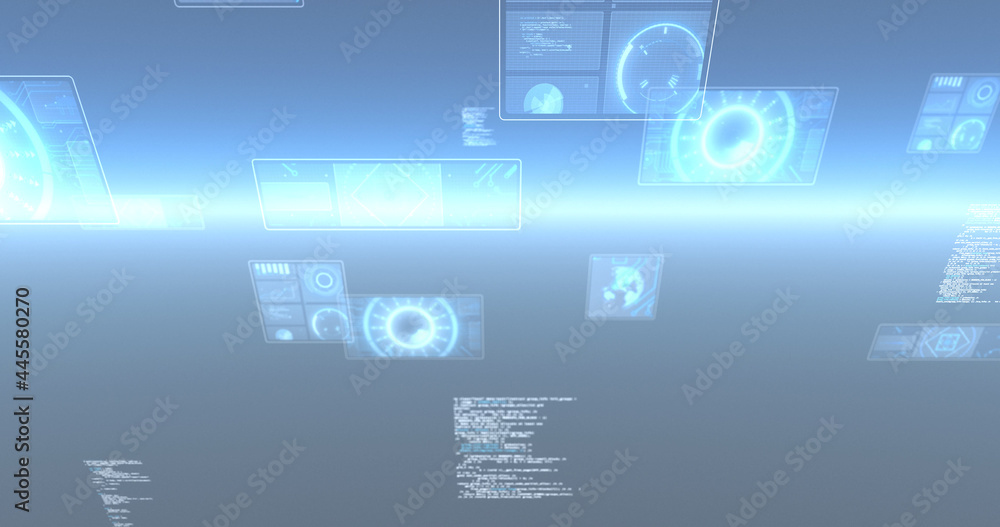 Image of data processing and scopes scanning on screens over glowing blue background