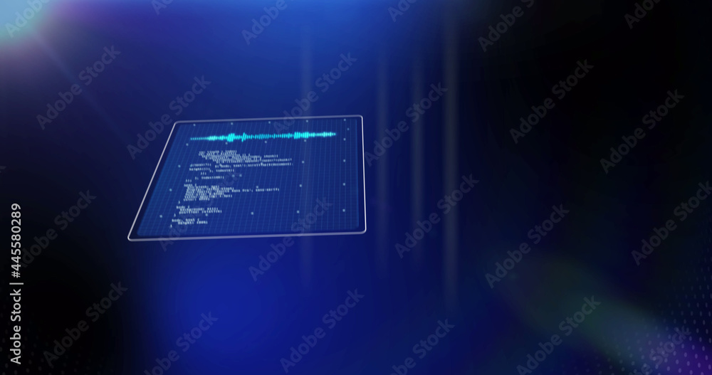 Image of scope scanning, statistics recording and data processing on screens on blue background