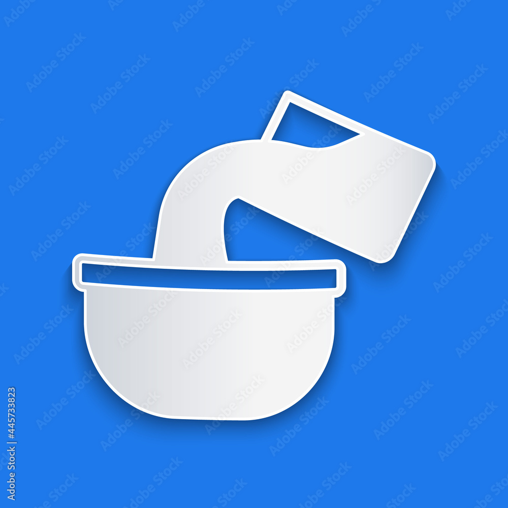 Paper cut Saucepan icon isolated on blue background. Cooking pot. Boil or stew food symbol. Paper ar