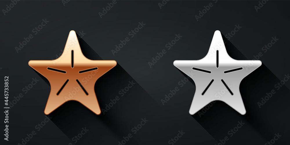 Gold and silver Starfish icon isolated on black background. Long shadow style. Vector