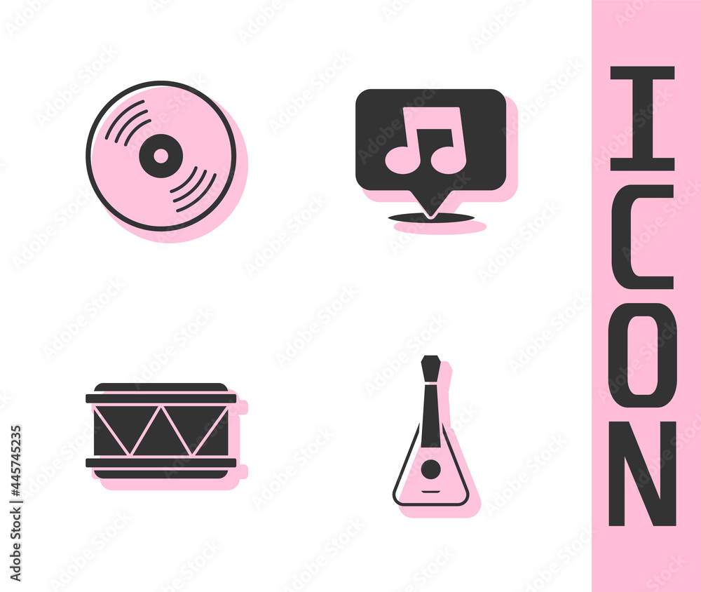 Set Guitar, Vinyl disk, Drum and Music note, tone icon. Vector