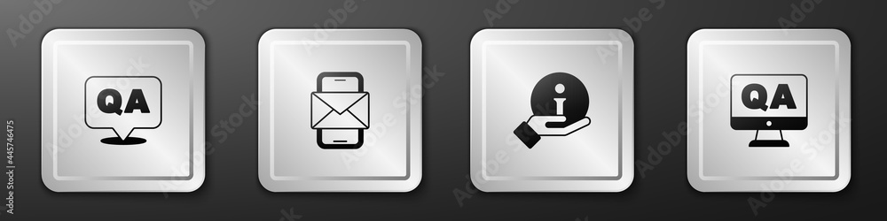 Set Question and Answer, Mobile envelope, Information and icon. Silver square button. Vector