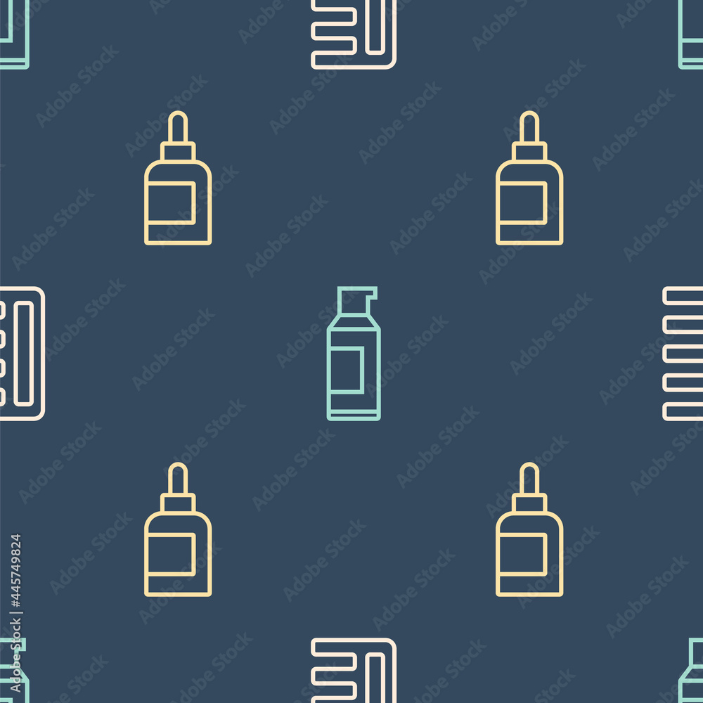 Set line Hairbrush, Cream or lotion cosmetic tube and Spray can for hairspray on seamless pattern. V