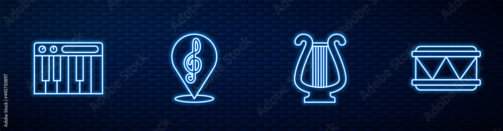 Set line Ancient lyre, Music synthesizer, Treble clef and Drum. Glowing neon icon on brick wall. Vec