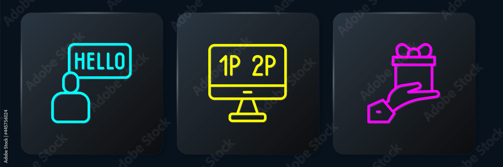 Set line Acquaintance, Give gift and Computer monitor screen. Black square button. Vector