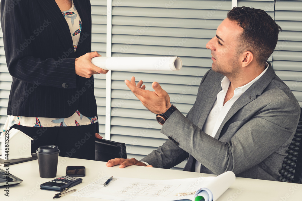 Businessman executive receive finished project from businesswoman worker in modern workplace office.