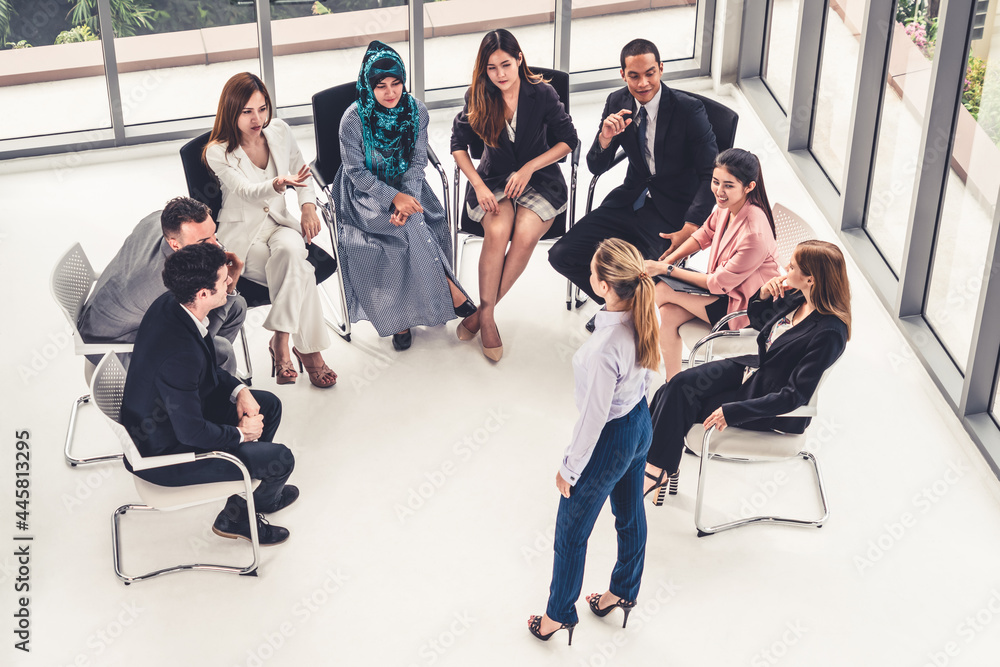 Businesswomen and businessmen attending group meeting conference in office room. Corporate business 