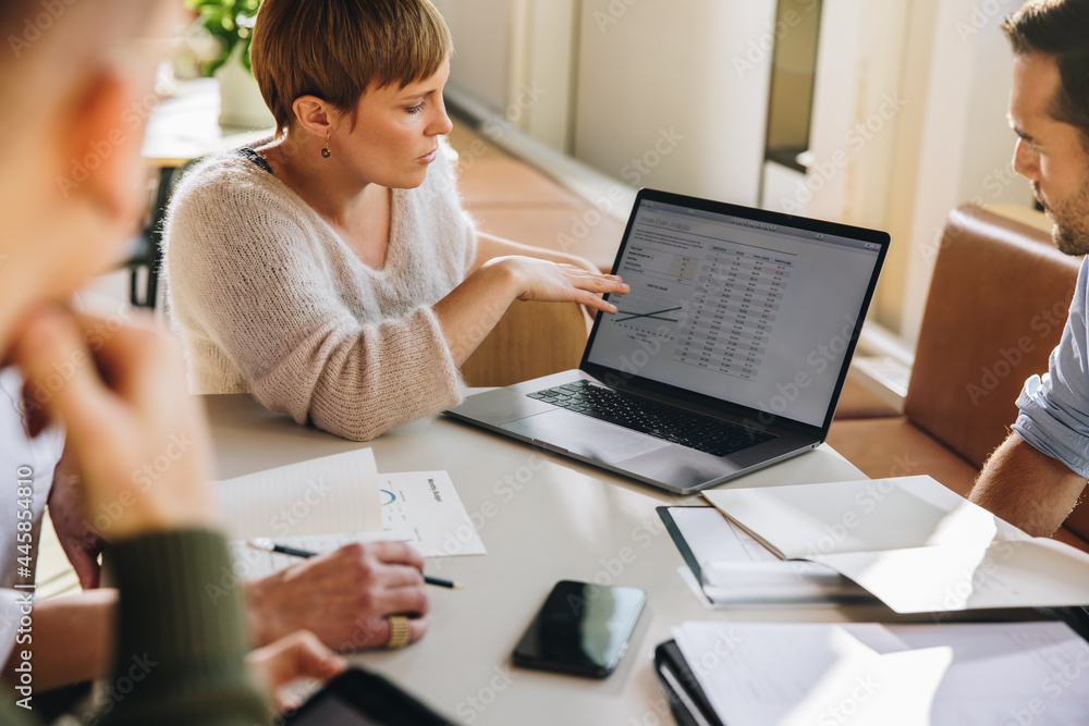 Executive showing project on laptop to colleagues in meeting