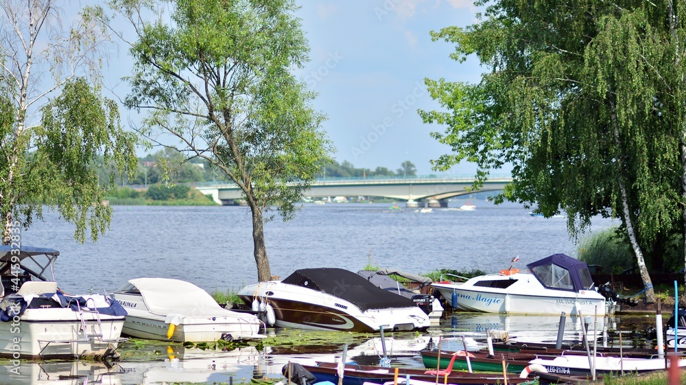 Reservoir lake and river with yachts and boats. 