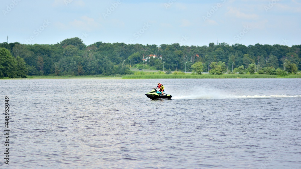 Reservoir lake and river with yachts and boats. 