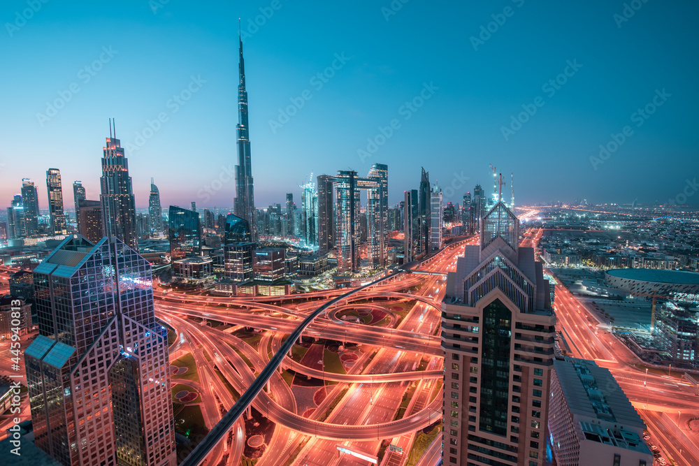 Of traffic on city streets at night. Aerial view and top view of traffic on freeway.