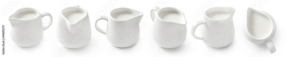 Set of porcelain milk jars isolated on white background. Milk pitchers for package design. Collectio