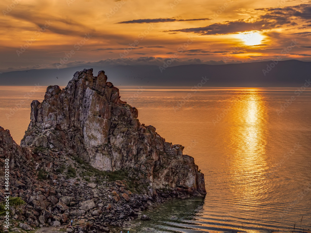 Sunset on Baikal lake at Olkhon island. Lake Baikal is the most largest freshwater lake in the plane