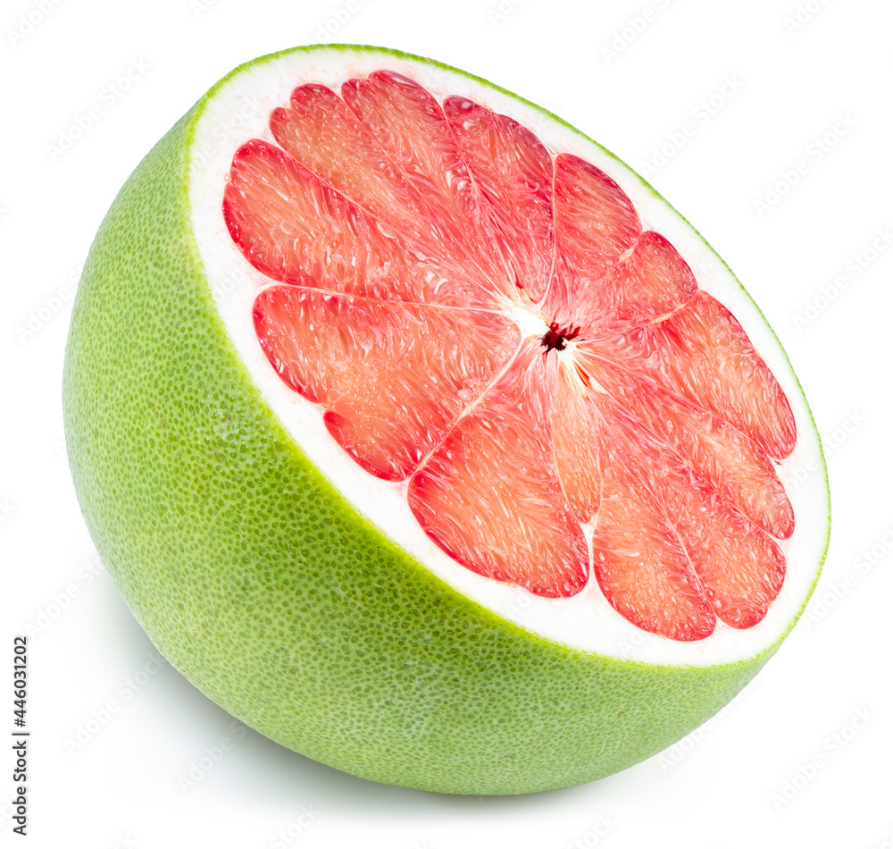 Fresh Red Pomelo citrus fruit with leaves on white background. 