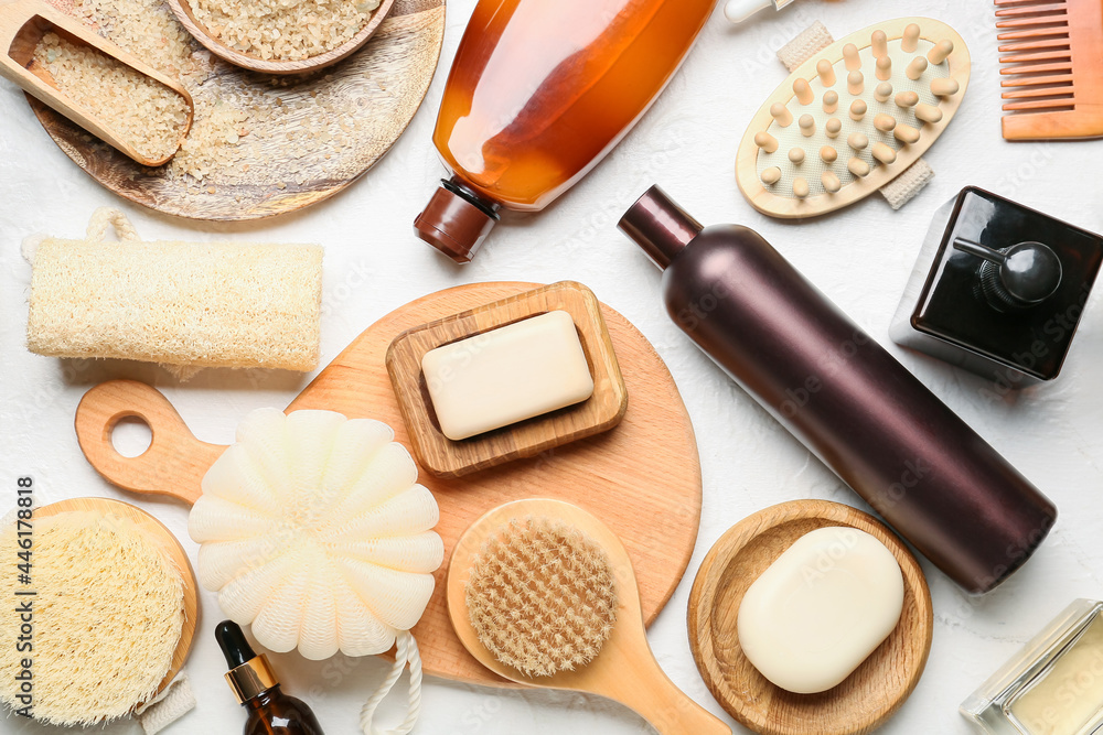 Set of bath supplies on light background