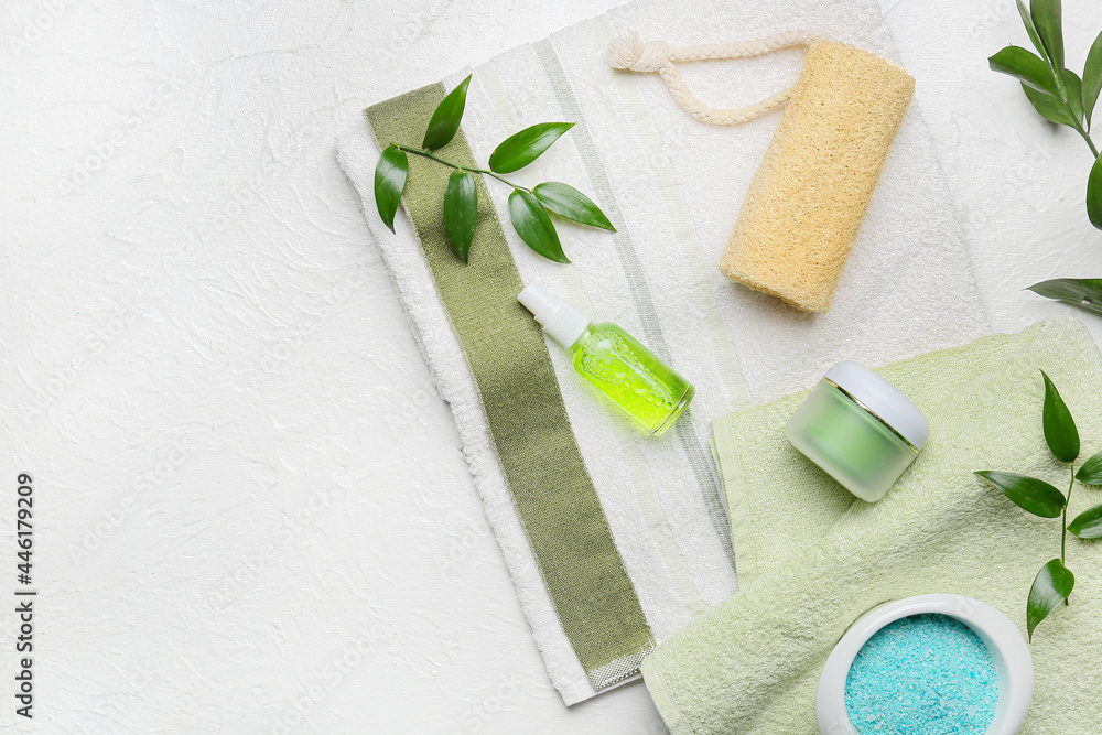 Set of bath supplies on light background