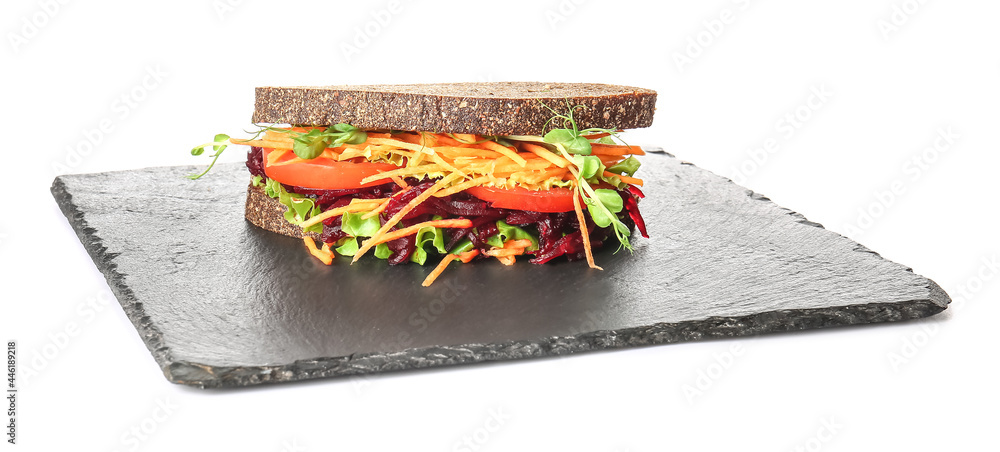 Slate plate with tasty sandwich on white background