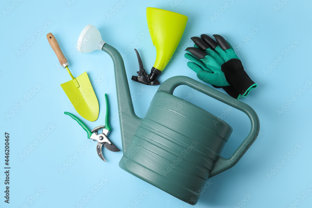 Watering can and gardening tools on color background