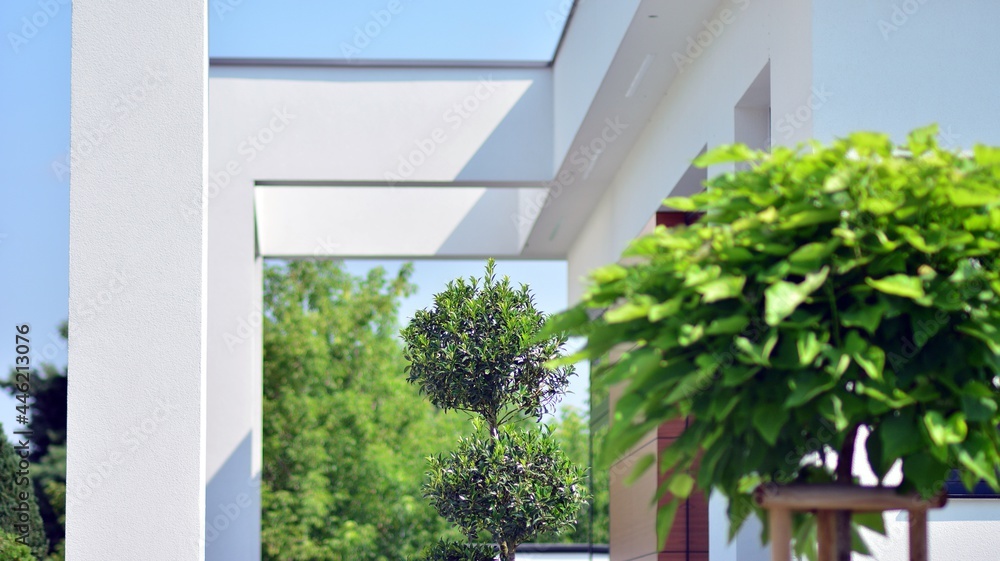 Fragment of a single-family building. Side of the modern house with   windows and green. Fragment of