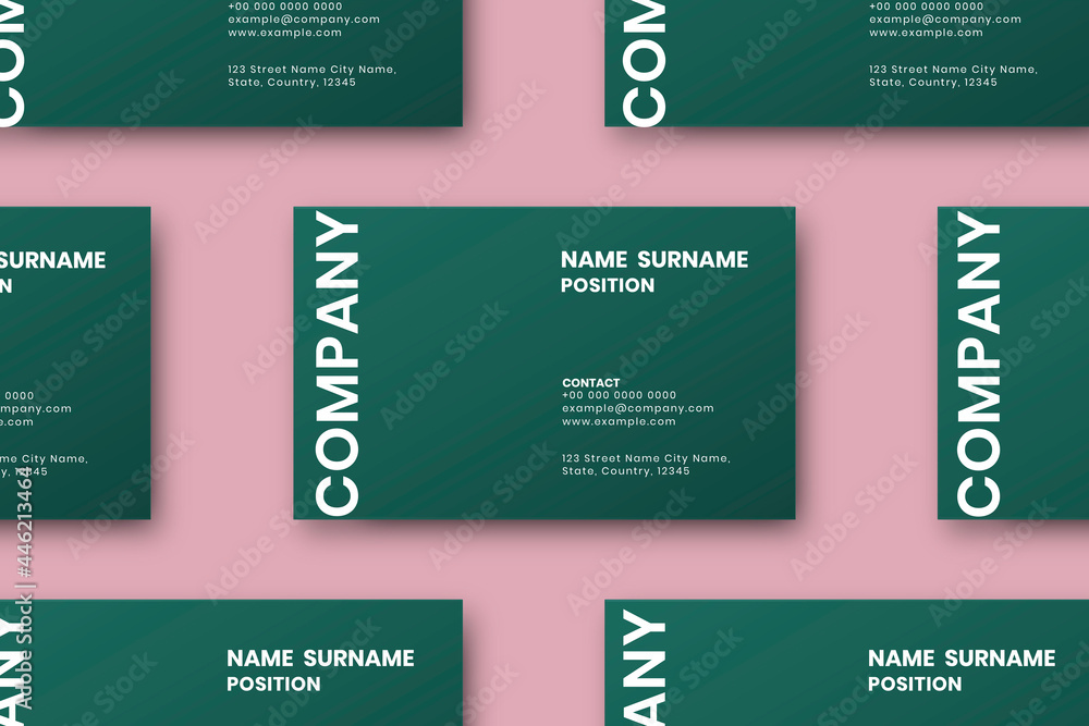 Green business card mockup vector set in flatlay