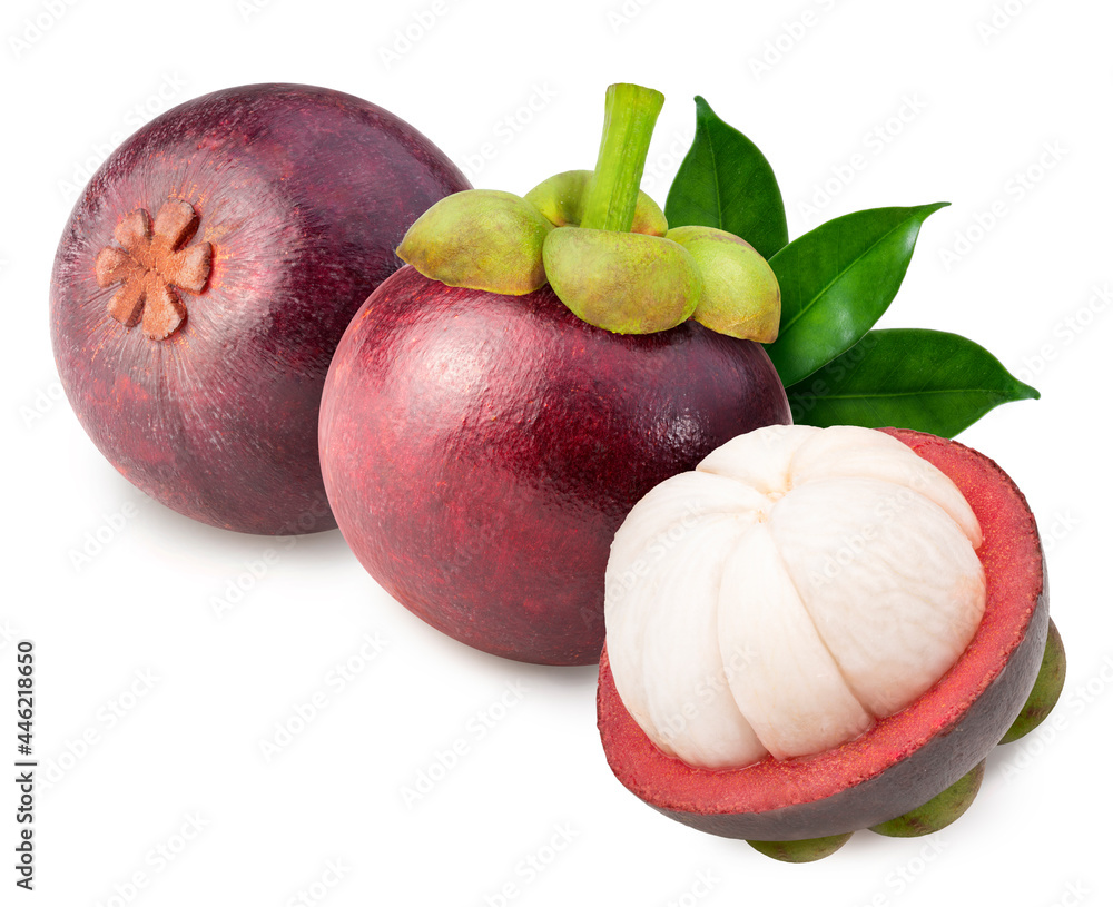 Fresh Mangosteen with leaves isolated on white background.