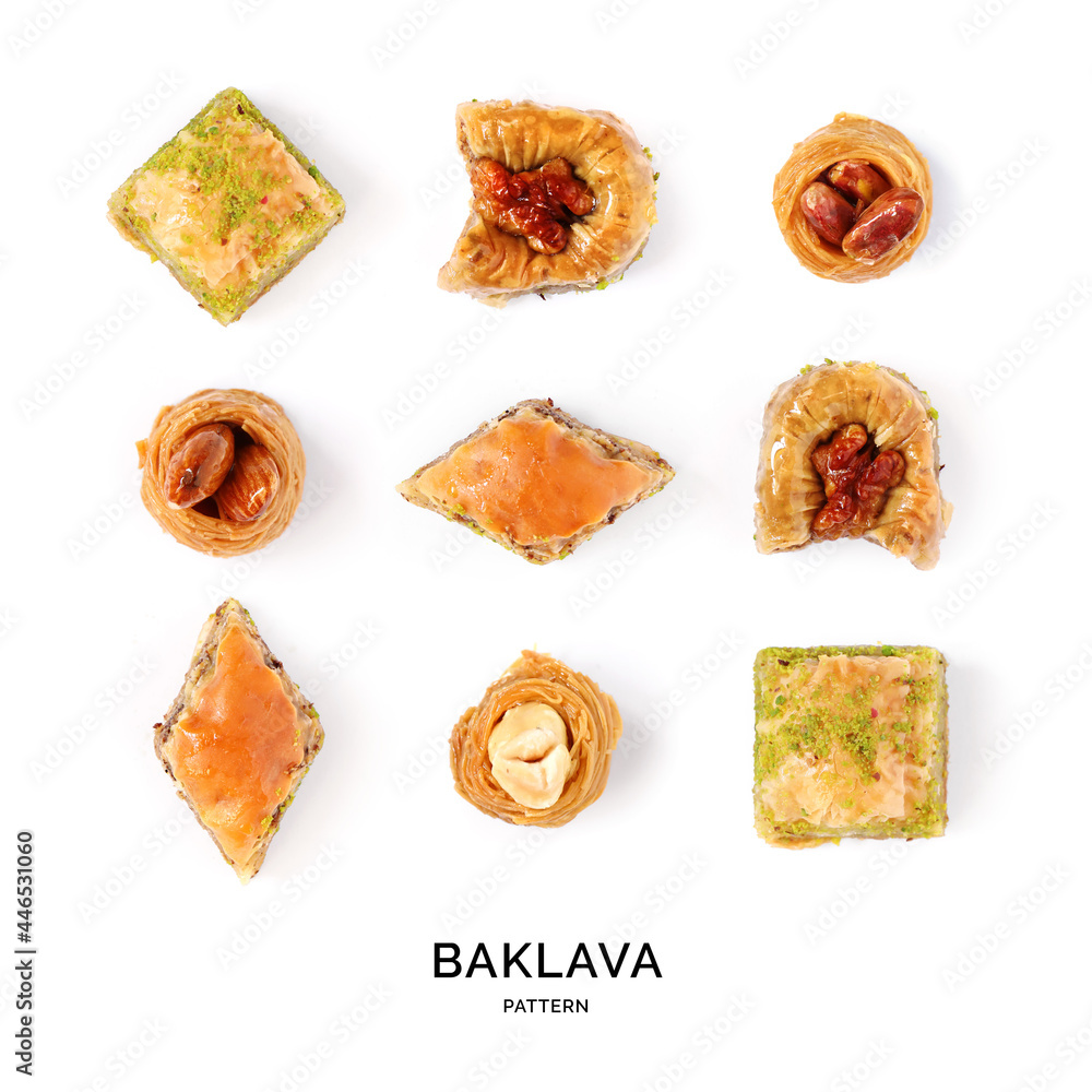 baklava无缝图案。甜美的抽象背景。白色背景上的baklava。