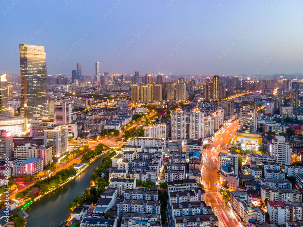 航拍中国盐城城市建筑景观夜景