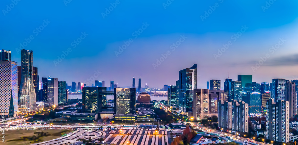 中国杭州现代城市建筑景观航拍夜景